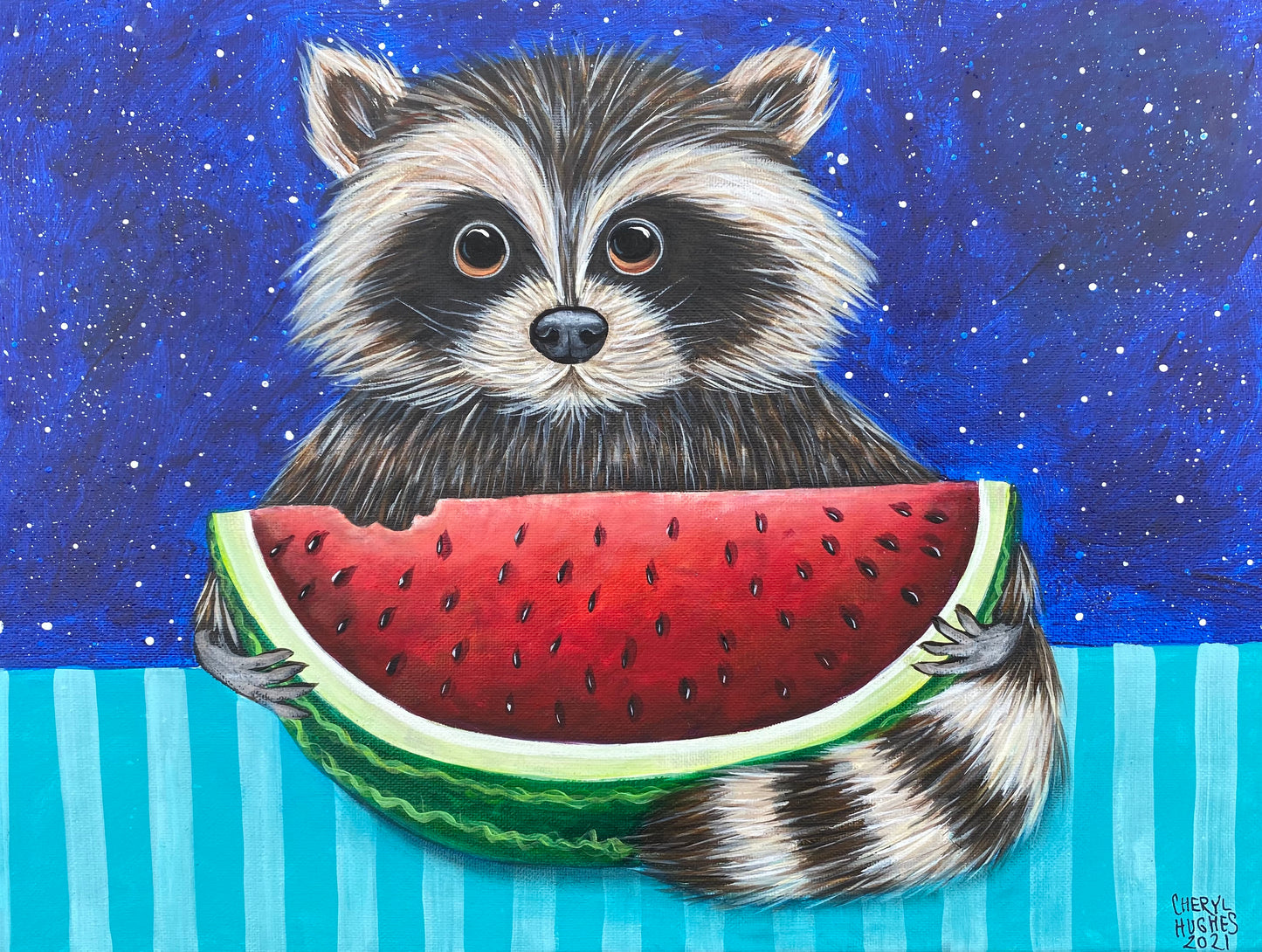 Midnight Snack Racoon and Watermelon Acrylic Painting Class